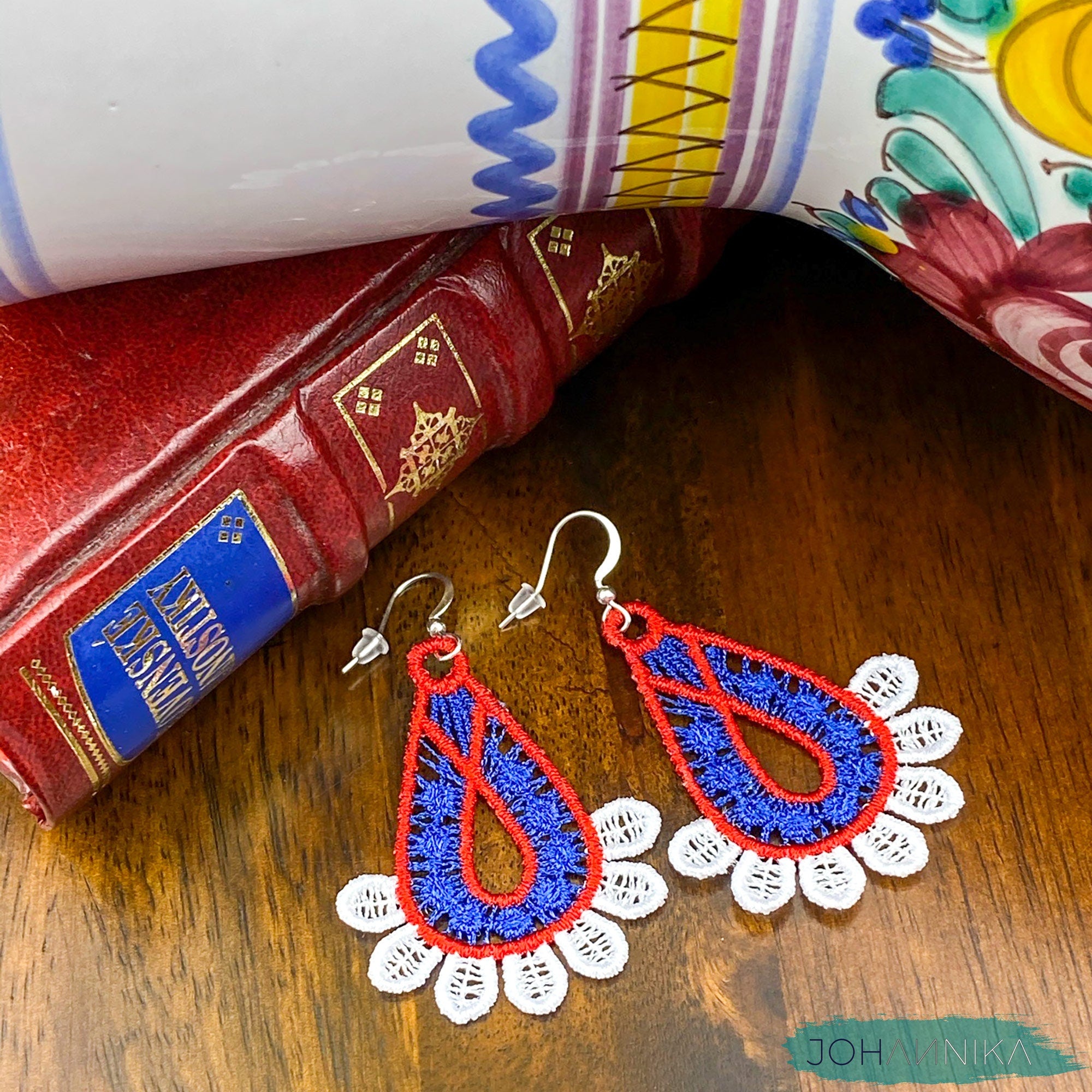 Slovak Lace Earrings - White, Blue, Red