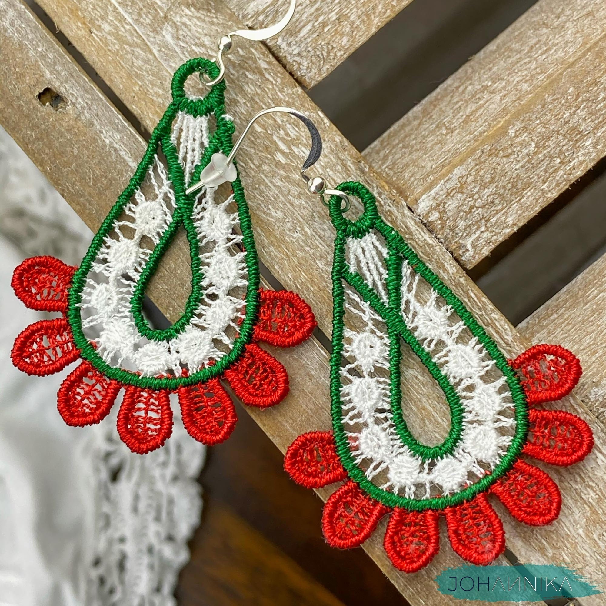 Hungarian Lace Earrings: Red, White, Green