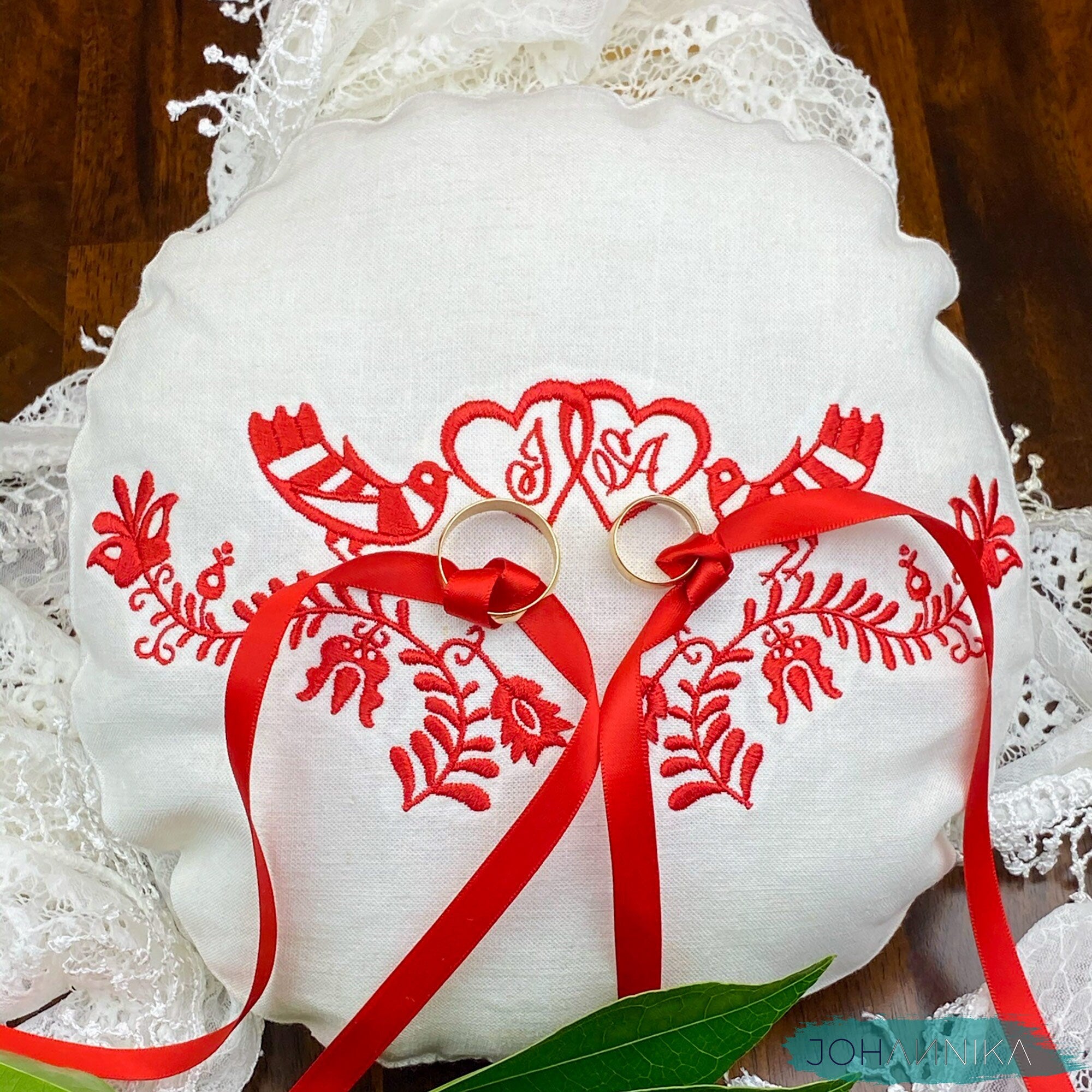 Hungarian Embroidered Linen Wedding Ring Pillow