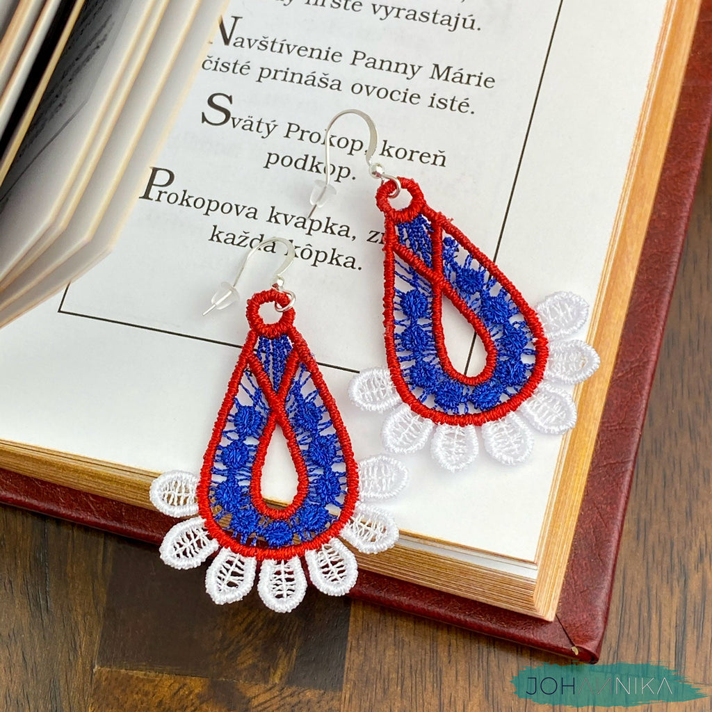 Slovak Lace Earrings - White, Blue, Red