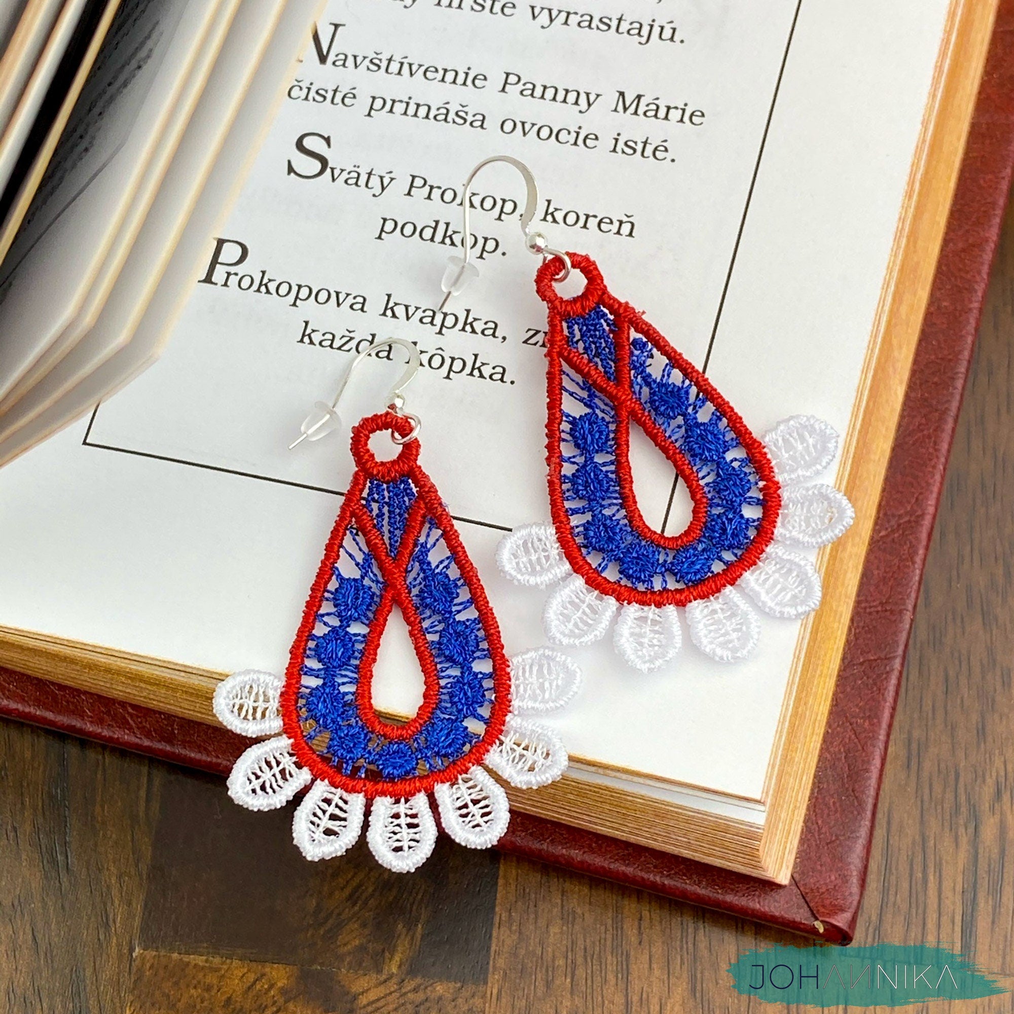 Slovak Lace Earrings - White, Blue, Red