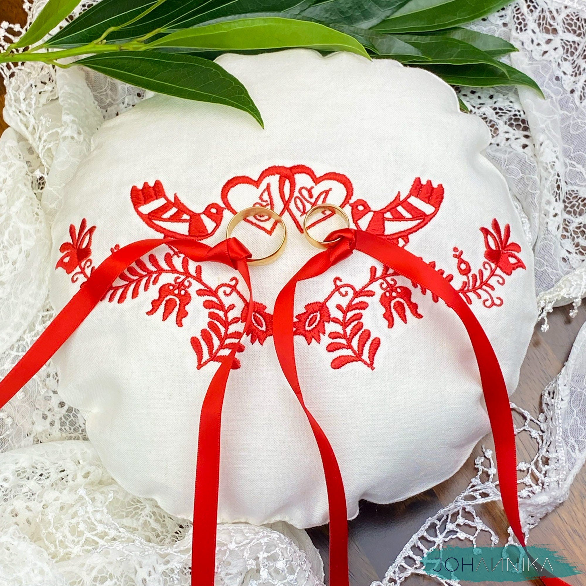 Hungarian Embroidered Linen Wedding Ring Pillow
