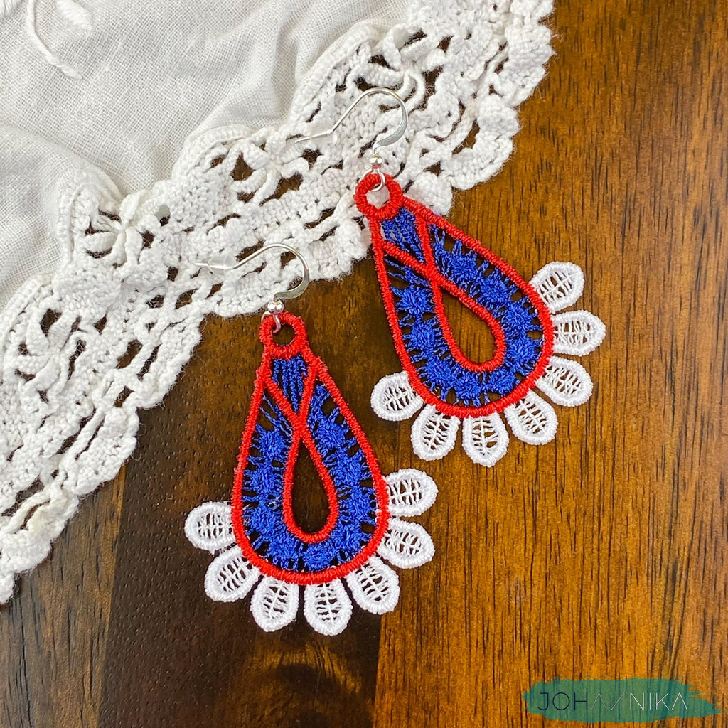 Slovak Lace Earrings - White, Blue, Red