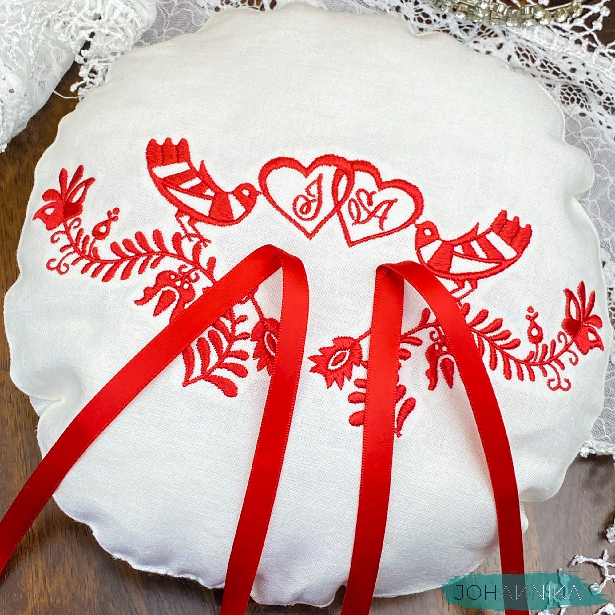 Hungarian Embroidered Linen Wedding Ring Pillow