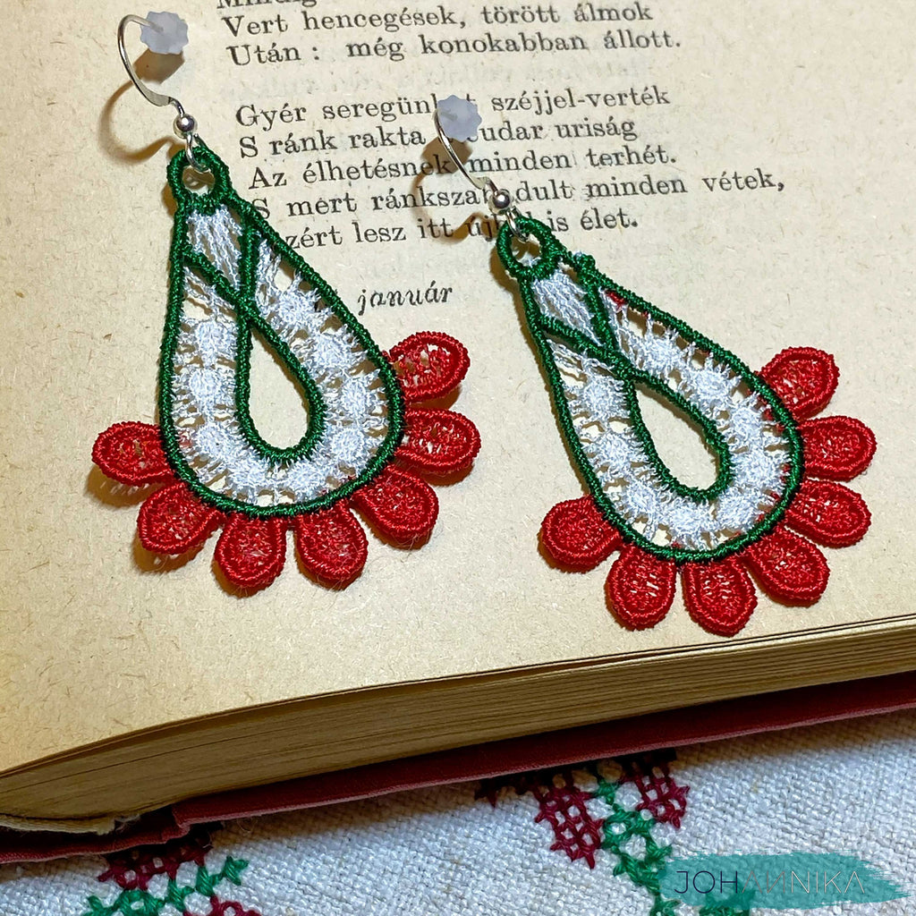 Hungarian Lace Earrings: Red, White, Green