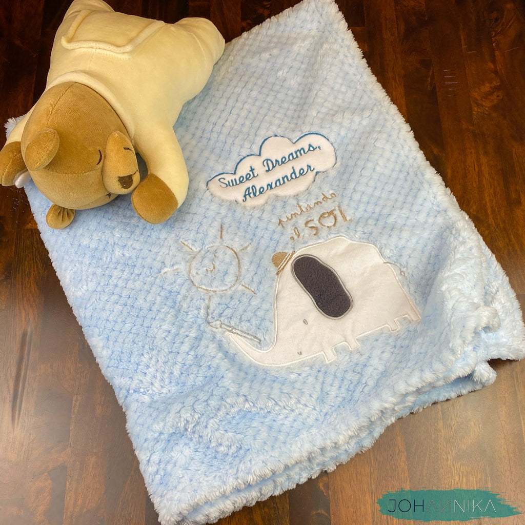 Plush Blue Elephant Embroidered Blanket