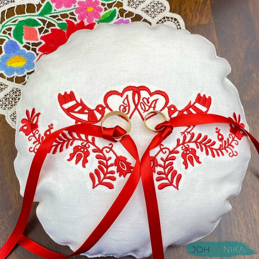Hungarian Embroidered Linen Wedding Ring Pillow