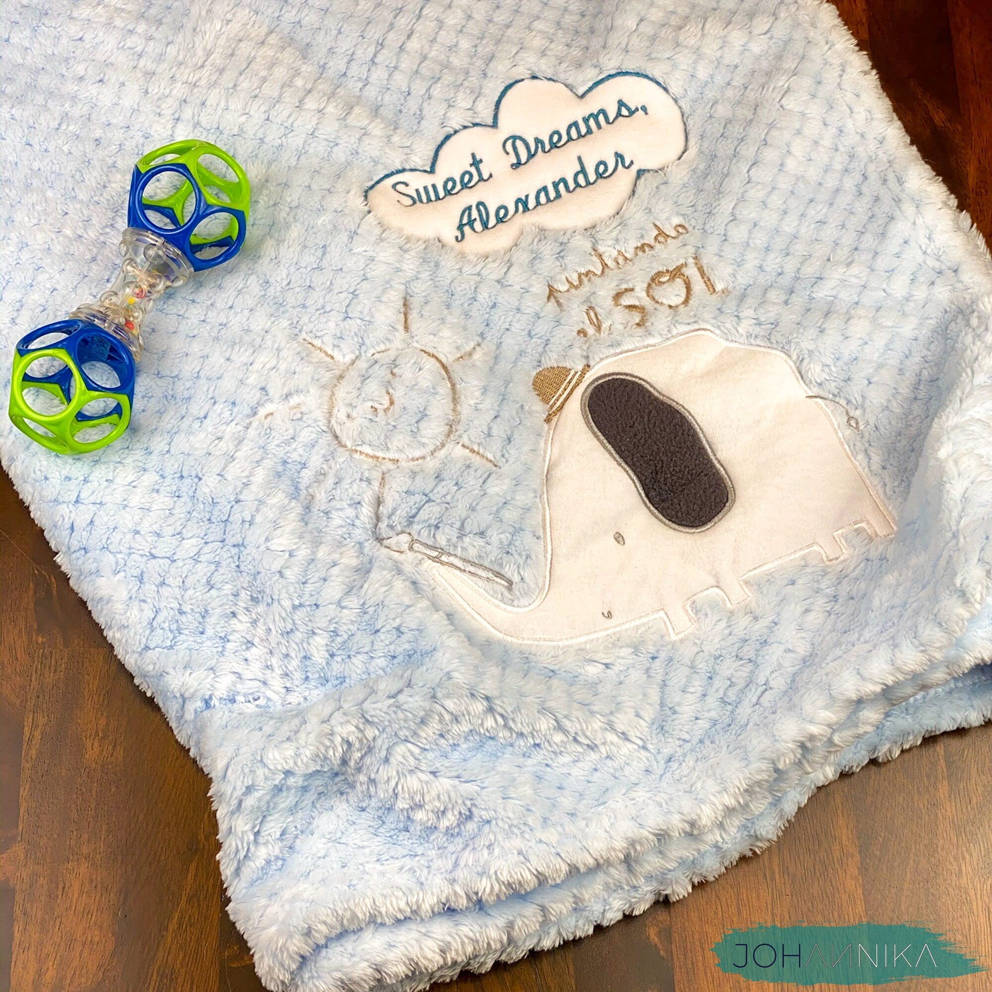 Plush Blue Elephant Embroidered Blanket
