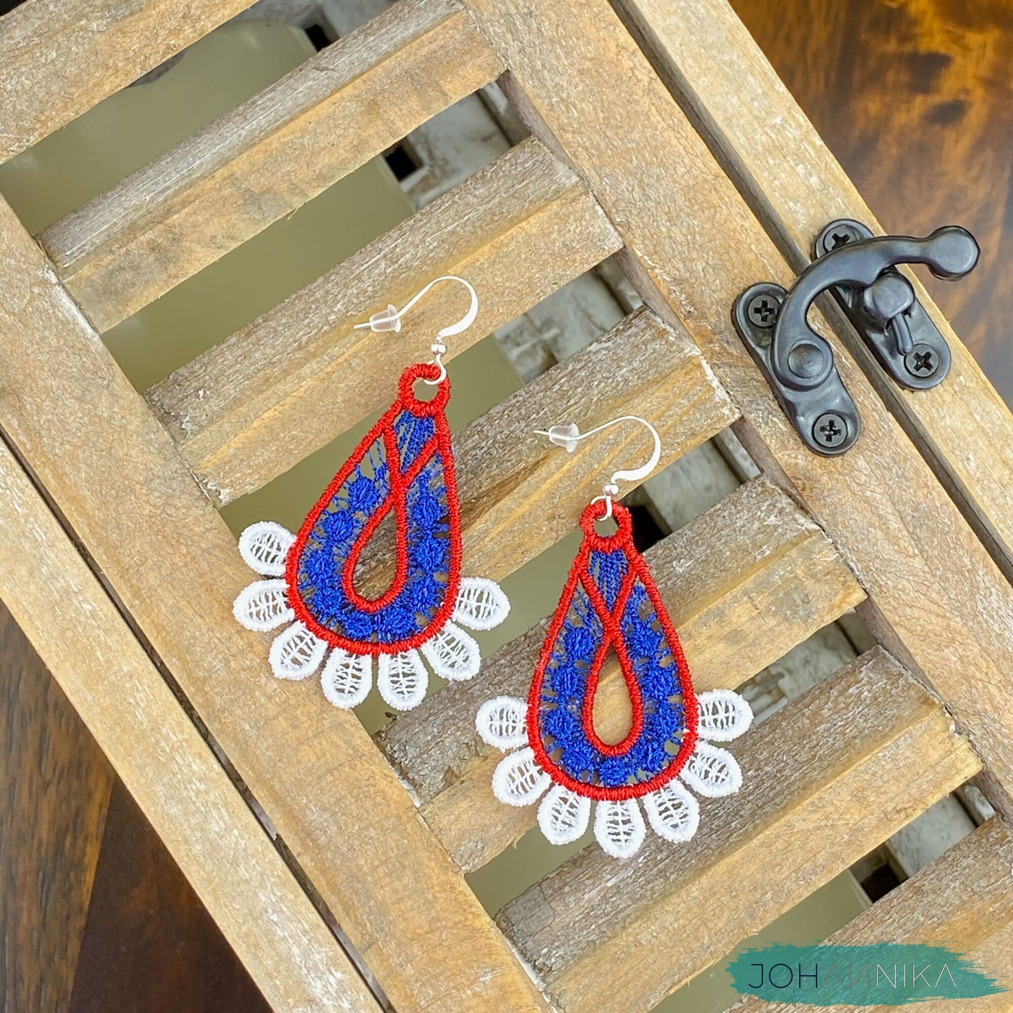 Slovak Lace Earrings - White, Blue, Red
