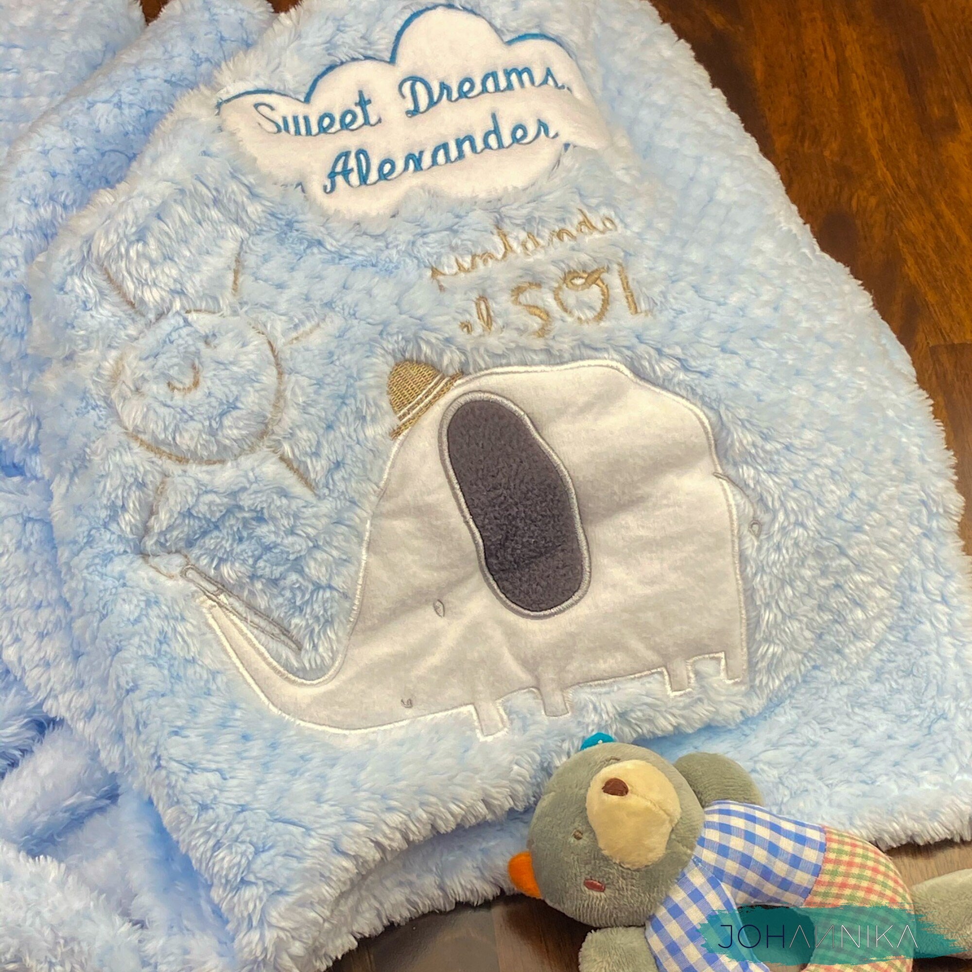 Plush Blue Elephant Embroidered Blanket