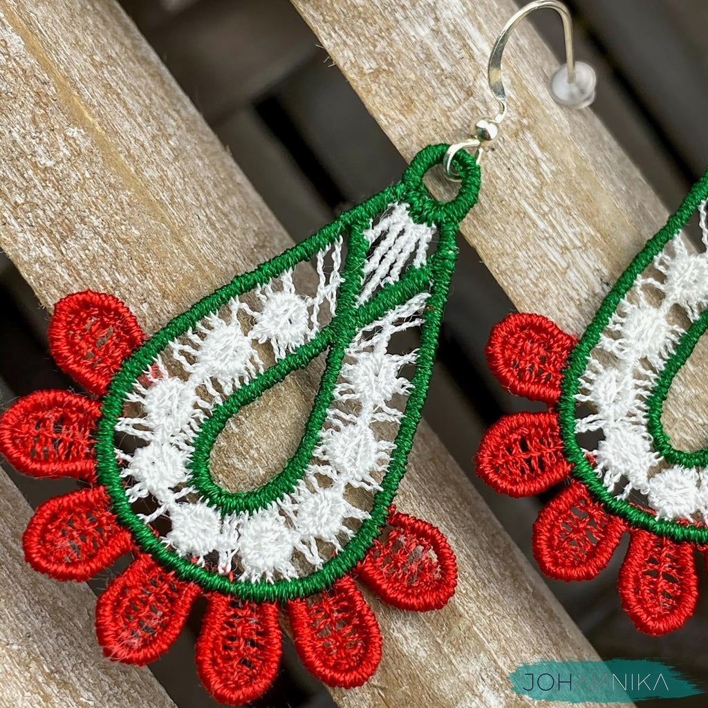 Hungarian Lace Earrings: Red, White, Green