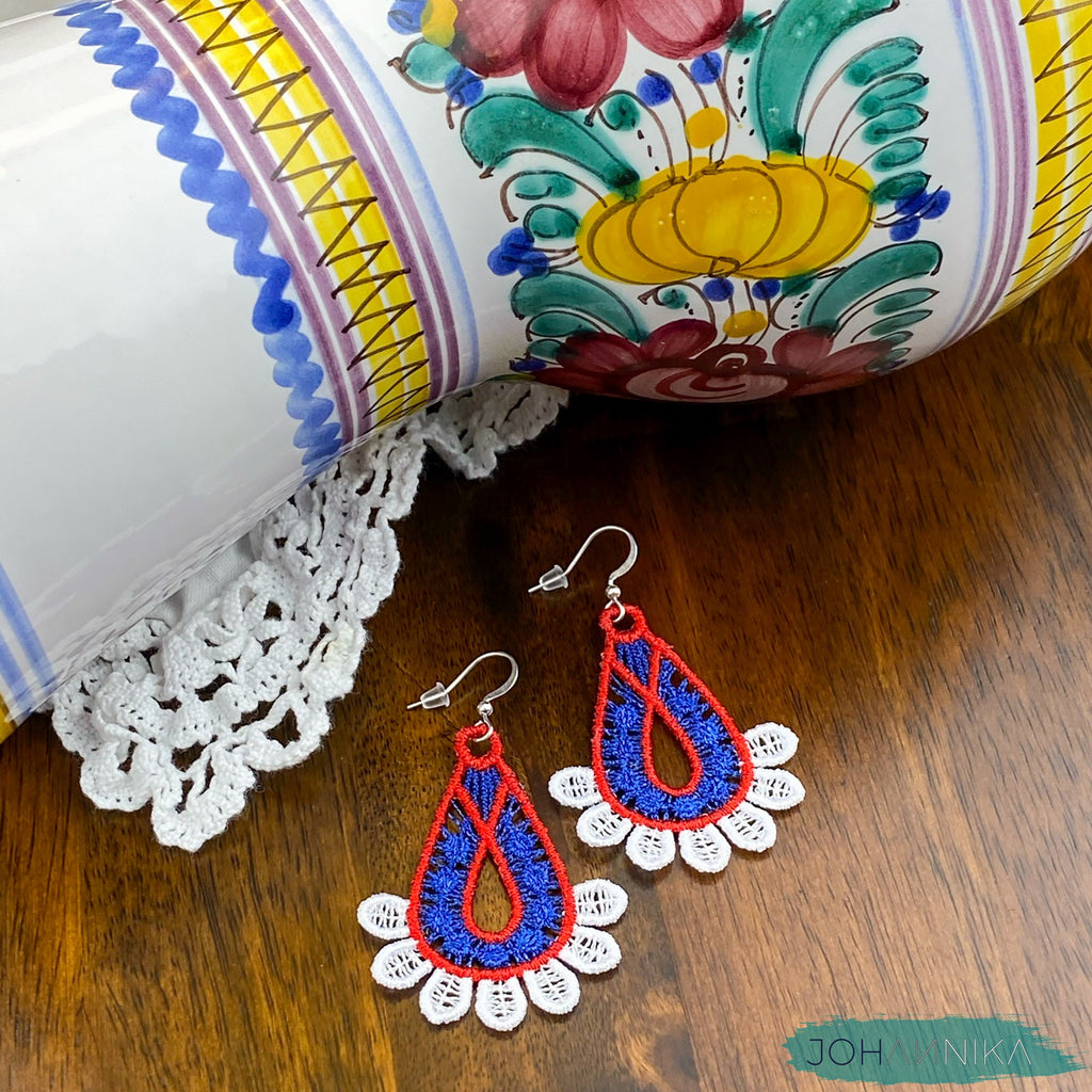 Slovak Lace Earrings - White, Blue, Red