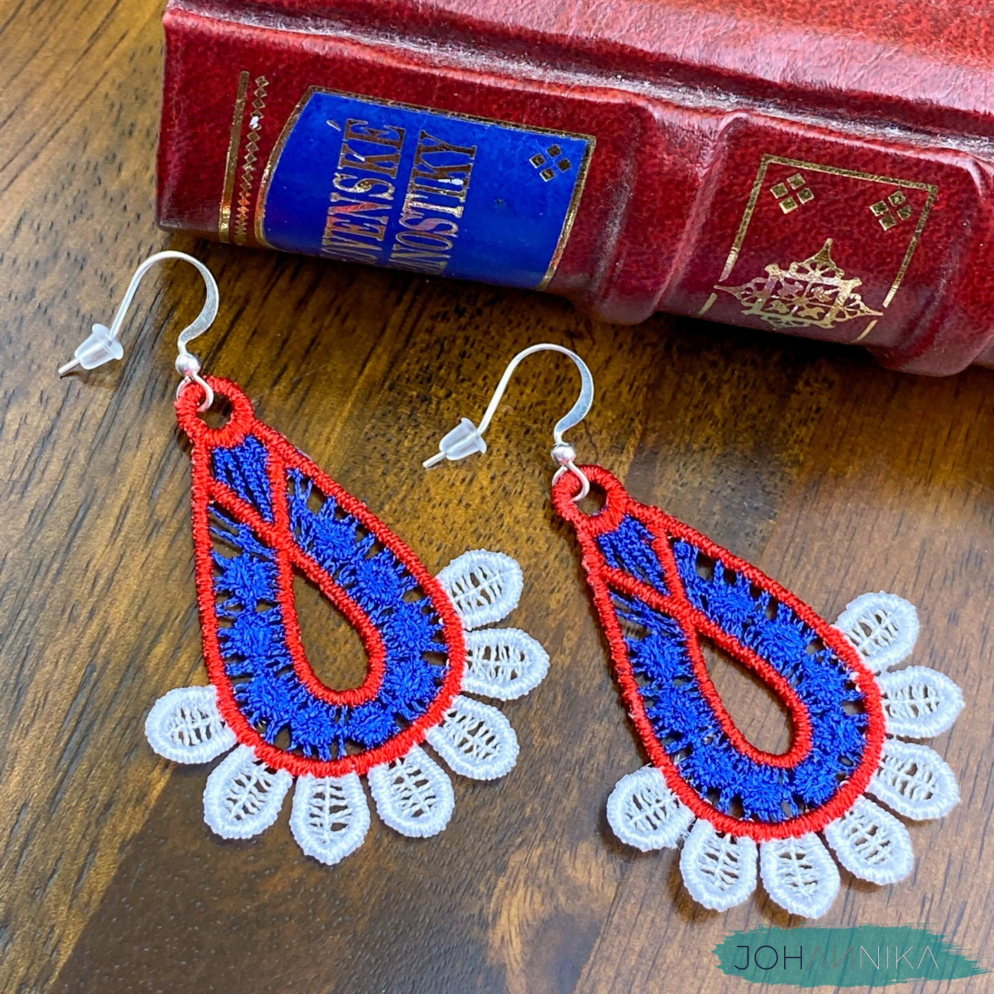 Slovak Lace Earrings - White, Blue, Red