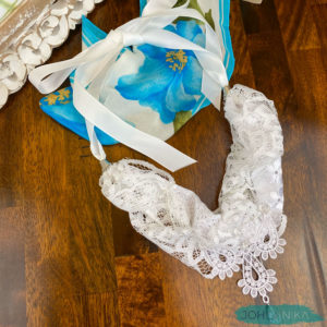 Handmade Lace Necklace with Genuine Colorless Crystal Beads and Satin Tie
